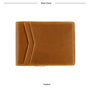 Detailed front view of brown crazy horse leather wallet with precision stitching and V-slot