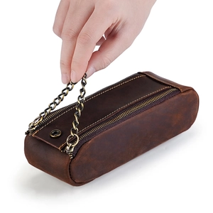 Large capacity crazy horse leather pencil case with double zipper and chain handle