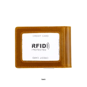 Close-up of brown crazy horse leather wallet with RFID card slot and transparent window