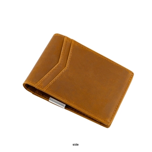 Close-up of vintage brown leather money clip showing fine stitching and metal clip