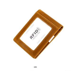 Detail of vintage leather wallet showing RFID protected card slot with transparent window