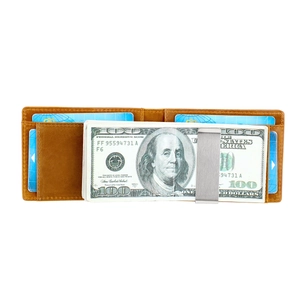 Detail view of brown crazy horse leather wallet with RFID blocking slots and money clip