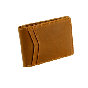 Detail of vintage brown leather wallet showing V-shape card slots and stitching