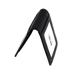 Detail of genuine leather wallet featuring an RFID protected card slot and clear ID window