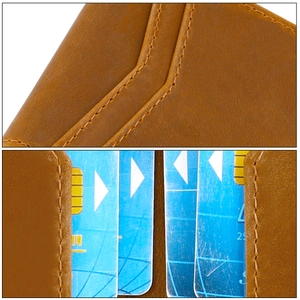 Close-up of brown leather wallet showing fine stitching and multi-slot RFID card holders