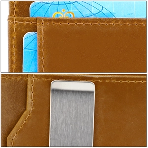 Detail view of brown leather wallet featuring premium stitching and a silver money clip