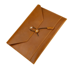 Brown genuine leather envelope sleeve for laptop and documents with rustic string closure