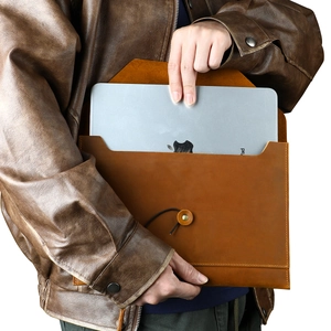 Retro brown genuine leather laptop sleeve with vintage cord tie closure and envelope design