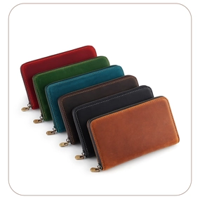 Crazy horse leather pen pouches in six vintage colors featuring metal zippers and sleek design