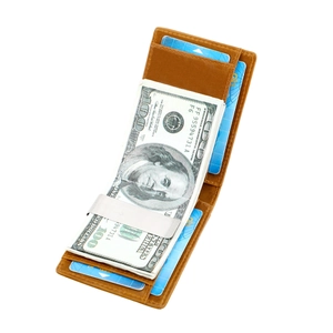 Retro brown genuine leather RFID wallet with metal money clip and multiple card slots