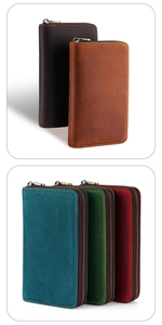 Detail view of five colors of crazy horse leather pen cases with vintage contrast stitching