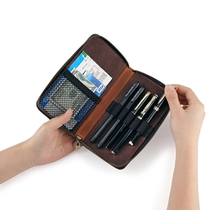Vintage brown leather pen case with large capacity and multi-functional zipper closure