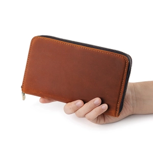 Handheld vintage crazy horse leather zipper pen case and stationery organizer in brown