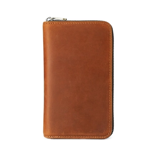 Vintage brown crazy horse leather zipper pen case with large capacity and rustic texture
