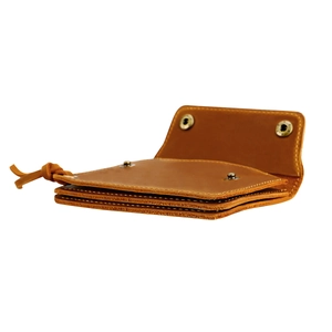 Detailed close-up of handmade crazy horse leather wallet with stitching and snaps