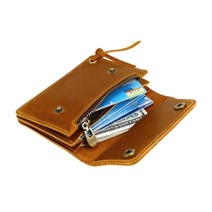 Detail of vintage brown crazy horse leather wallet with card slots and zipper pocket