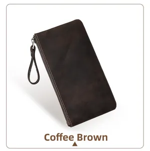 Close-up of vintage coffee leather phone bag with durable zipper and stitching