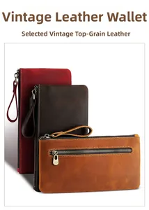 Trio of vintage crazy horse leather wallets in various sizes with wrist straps