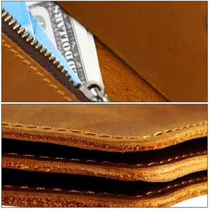 Detailed close-up of handmade crazy horse leather wallet with fine stitching and card slots