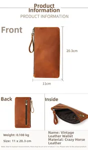 Detail view of crazy horse leather clutch showing front, back, and inner pocket structure