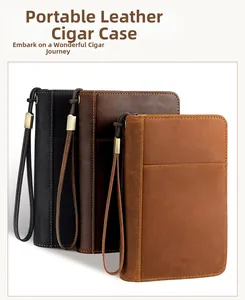Three-color leather travel cigar cases with decorative stitching and pull-cord handles