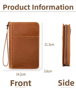 Front and side view of vintage brown leather travel cigar pouch with wrist strap