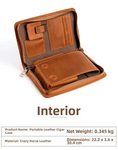 Detailed interior of crazy horse leather cigar case with pockets and metal zipper