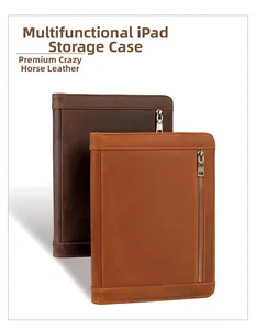 Dual view of brown leather iPad sleeve organizer made of premium crazy horse cowhide leather