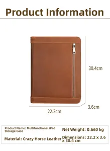 Brown crazy horse leather iPad sleeve dimensions 22.2x3.6x30.4cm with front zipper pocket