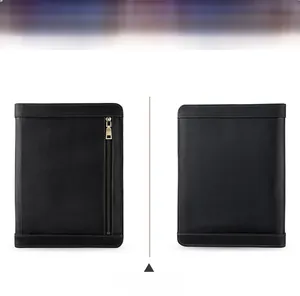 Close-up of black genuine leather iPad pro sleeve with metal zipper and fine stitching