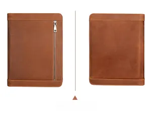 Front and back view of brown vintage leather tablet sleeve with metal zipper detail