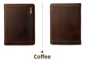 Detailed front and back view of coffee leather iPad case with premium metal zipper pocket