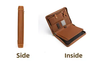 Detail view of the brown leather tablet sleeve showing its side profile and interior layout