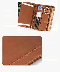 Detail view of leather iPad organizer showing large capacity slots and precision stitching