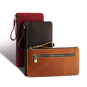Long Clutch Wallet Genuine Cowhide Leather Retro Large Capacity Zipper Phone Organizer With Wristlet Strap