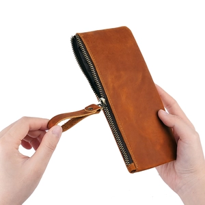 Vintage brown crazy horse leather long wallet with zipper and detachable wrist strap