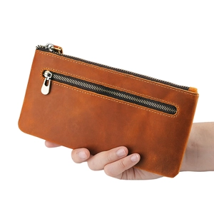 Retro crazy horse leather pouch with main zipper and front pocket in brown finish