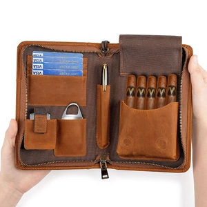Genuine Leather Travel Cigar Case Portable Business Clutch Bag With Zipper Multi-Slot Organizer For Lighter For Men