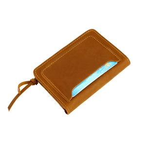 Vintage crazy horse leather card wallet with zipper and front slot in 45-degree view