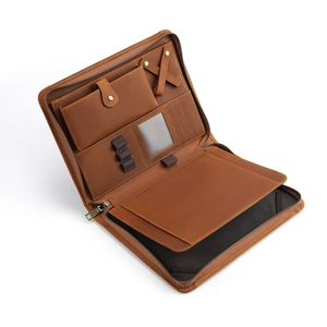 Brown vintage leather folio case for iPad with multiple card slots and secure zipper