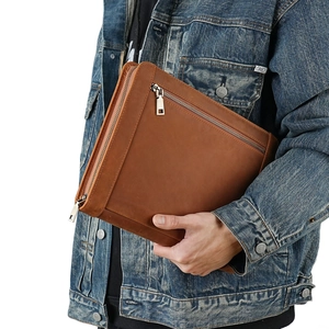 Vintage brown leather tablet sleeve for iPad 10.5 with metallic zipper and outer pocket
