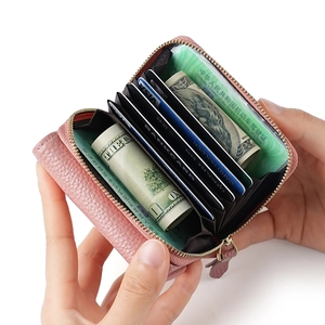 Pink lychee grain leather accordion card holder wallet with multiple slots and zipper