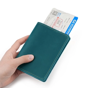 Vintage crazy horse leather passport holder wallet in blue with yellow stitching detail