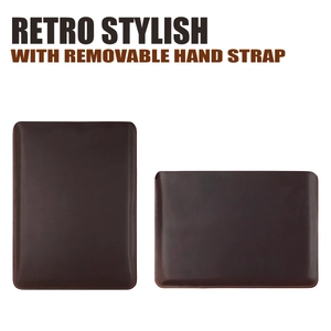 Macro detail of crazy horse leather MacBook sleeve with stitching and hand strap