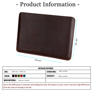 Detailed size chart for dark brown genuine leather laptop sleeve 340mm x 240mm