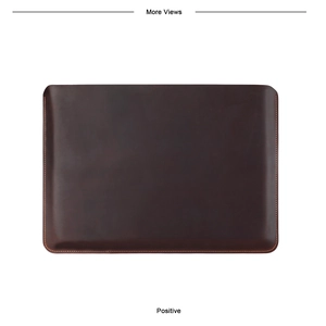 Detail of premium dark brown crazy horse leather sleeve with precision stitching for MacBook Pro 16
