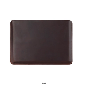 Detail view showing back of dark brown crazy horse leather sleeve for MacBook Pro 14.2