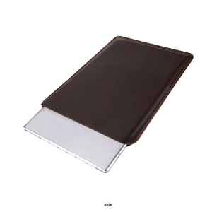 Side view of dark brown leather laptop sleeve fitting a slim silver notebook case