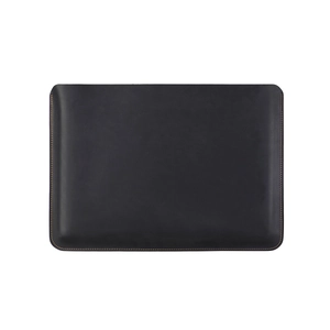 Detail of black leather laptop sleeve with contrasting orange stitching and slim design