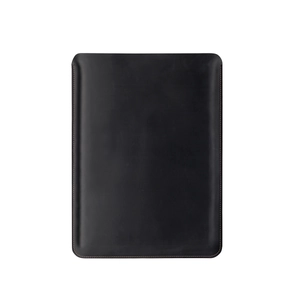 Detail view of premium black crazy horse leather sleeve for MacBook Pro 14.2 inch